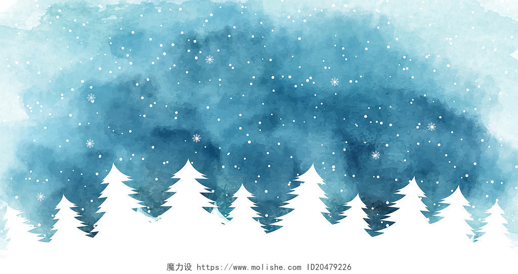 蓝色小清新松树林水彩晕染立冬雪景展板背景